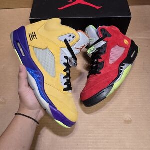 Jordan Athletic Shoes in Red, Yellow, and Black What The 5s